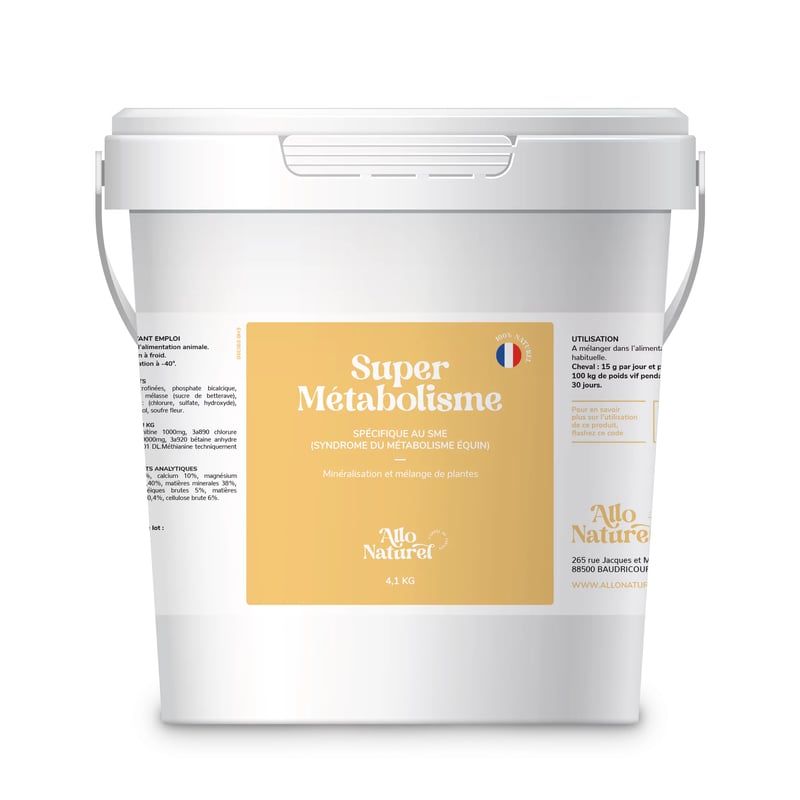Vue du seau de 4,1 kg de Super Métabolisme pour chevaux SME